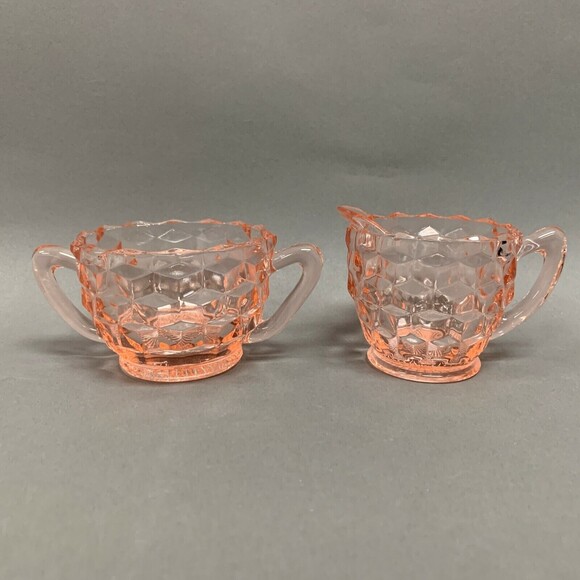 Jeanette Cube Depression Glass Pink Clear Creamer Mini Open Sugar Bowl - Picture 2 of 7